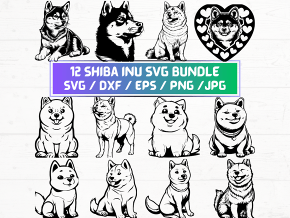 12 Shiba Inu SVG, DXF, EPS, JPG, PNG for Crafts and Graphics