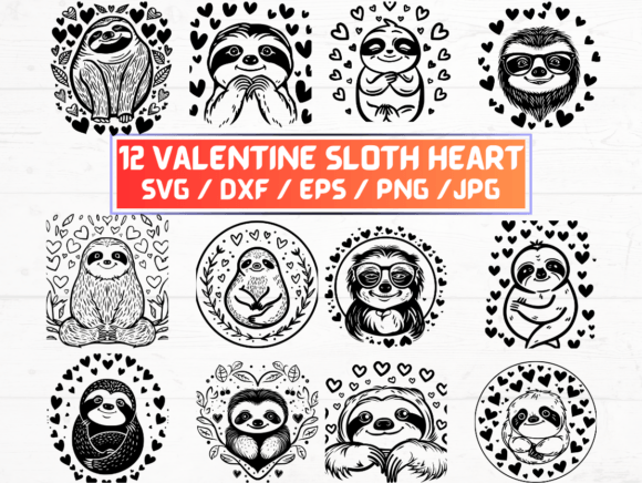 Valentine Sloth Heart SVG, DXF, EPS, PNG Graphics for Crafts